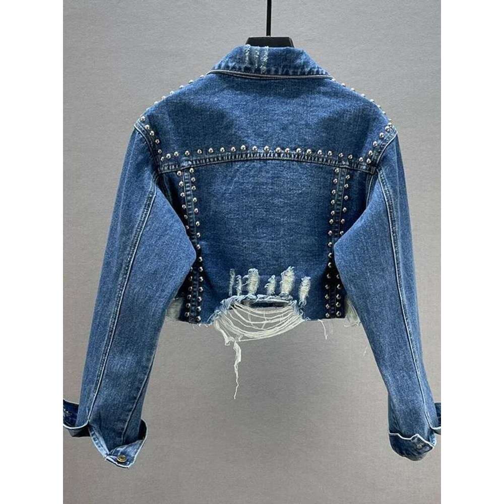 Womens Denim 2024 Spring Summer New In Heavy Industry Rivet Studded Women Worn Nail Bead Jean Jacket Top