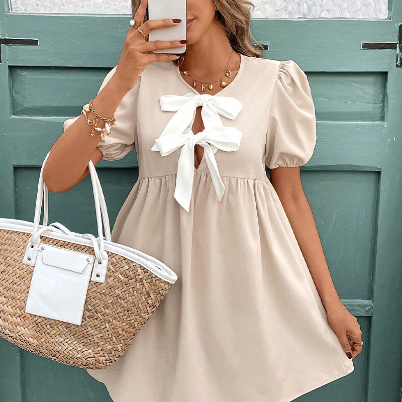 2025 Summer New Short sleeved Dress Design with Bow Collar and Bag Sleeve A-line Skirt for Women