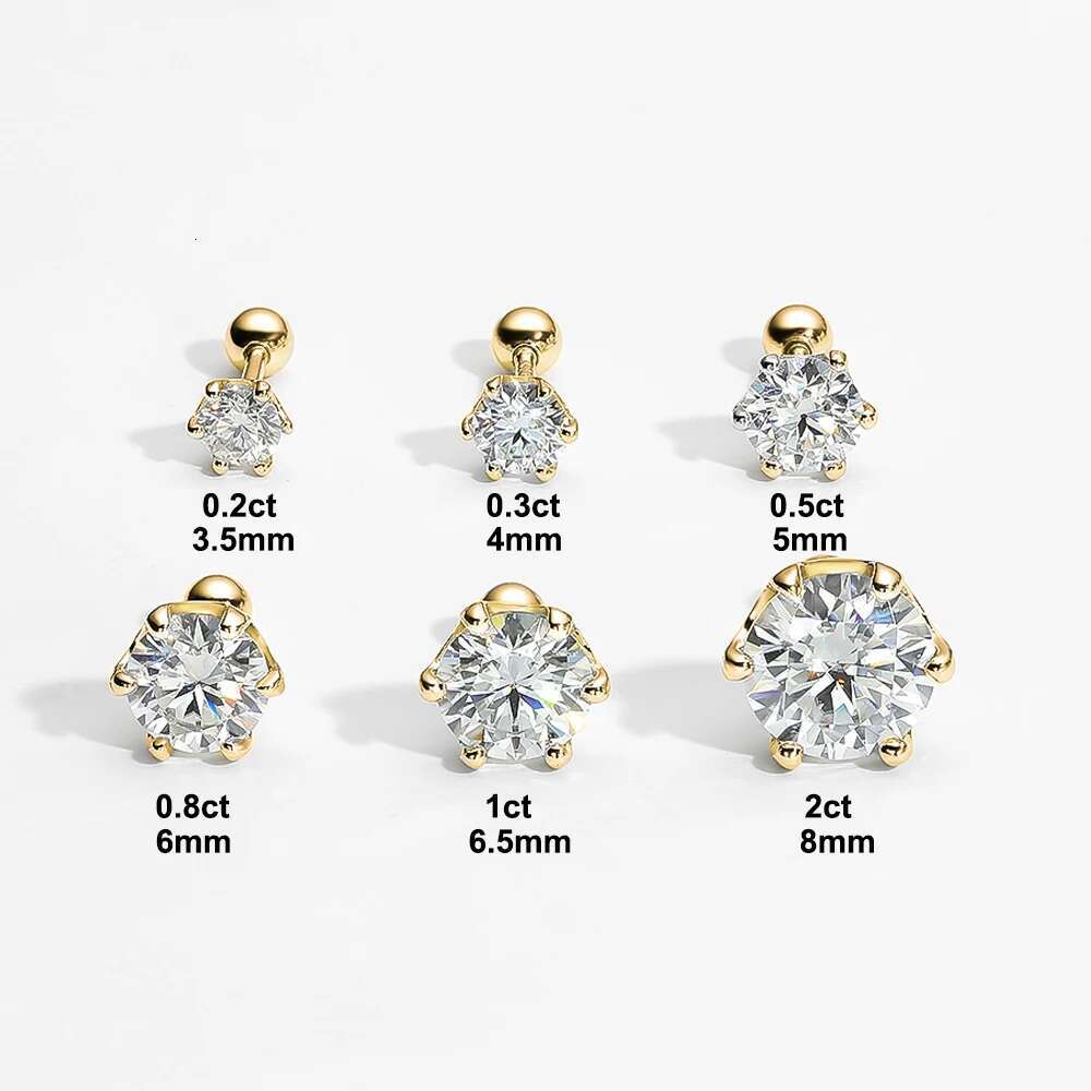 18K Gold Plated 0.2-2ct Moissanite Stud Earrings for Women Men S925 Silver 6 Claws Screw Ear Studs Fine Jewelry with Certificate