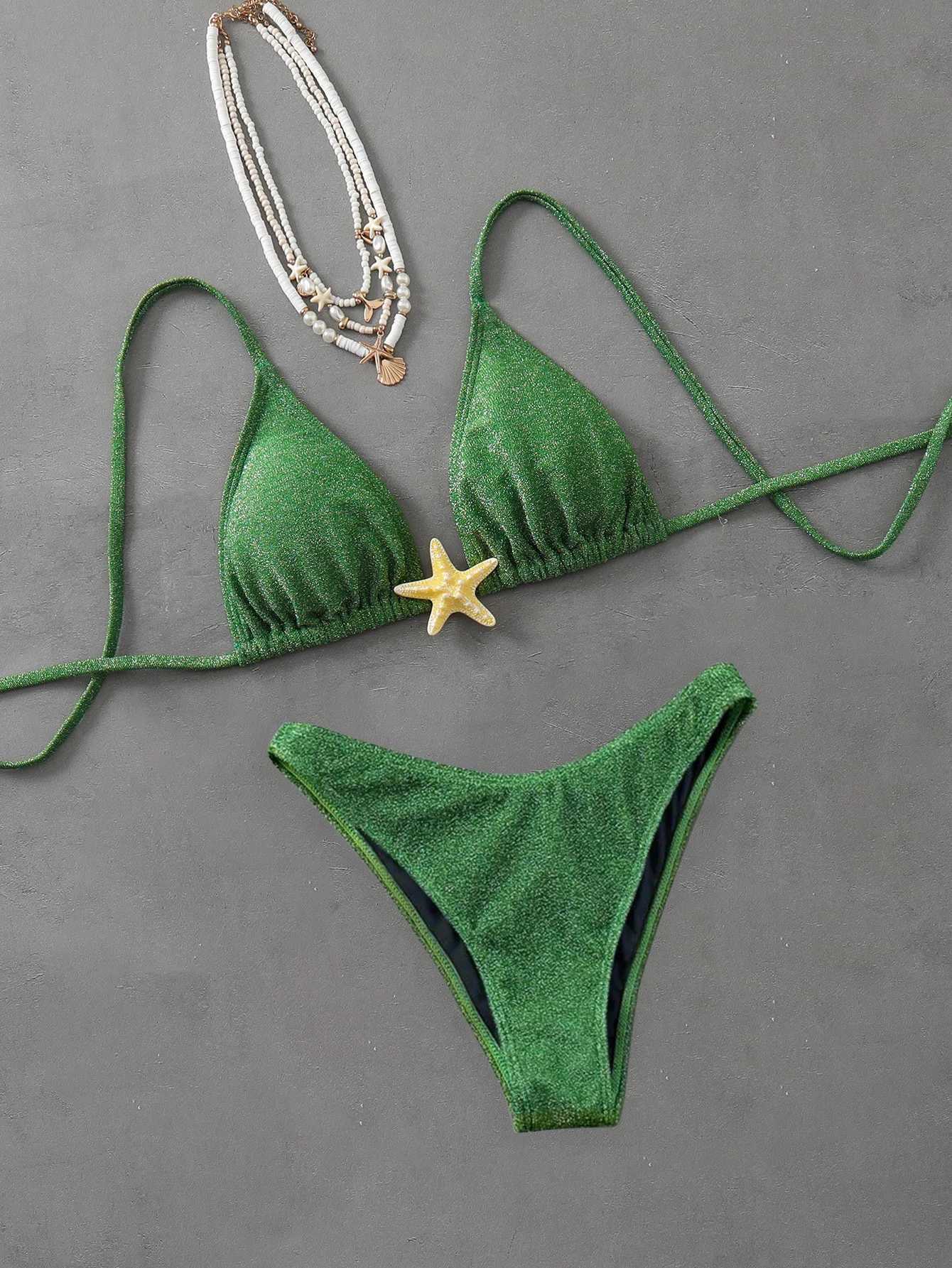 2025 New Sexy Halter Bikini Set starfish accessories Swimwear Womens Swimsuit Beachwear Black Green Lacing Up Bathing SuitW251113