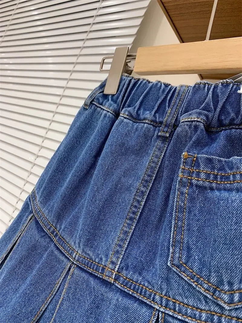 Girls Denim Skirt Pants 4-12Y Childrens Summer Clothing Spring Autumn College Style High Waisted Washed Denim Pleated Skirt 250411bj