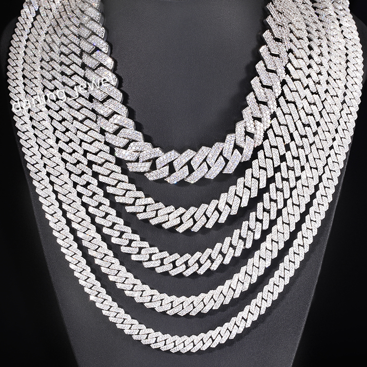 18k Gold Plated 100% Pass Tester 2rows VVS Moissanite 8mm-15mm Wide 925 Silver Cuban Link Chain for Hip Hop Rapper Jewelry