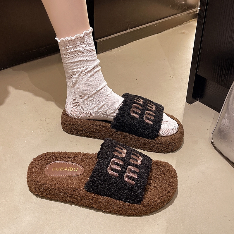 Designers new autumn and winter plush fashionable letter home cotton slippers for women wearing thick soled plush slippers 36-41