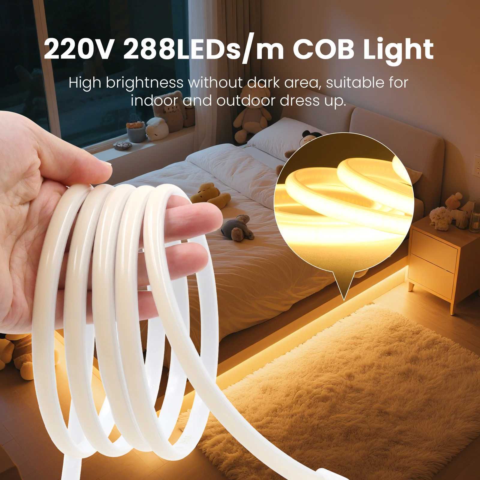 220V Dimmable COB LED Neon Strip Light With Switch/Dimmer Plug Waterproof 288Leds/M High Quality Neon Strip Garden Home Lighting W251112