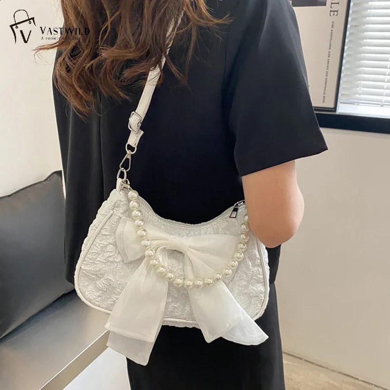 White Folding Pop Retro Bow Bag Womens Pearl Handle Fashion Armrest Shoulder Cross 1Piece Set 250401