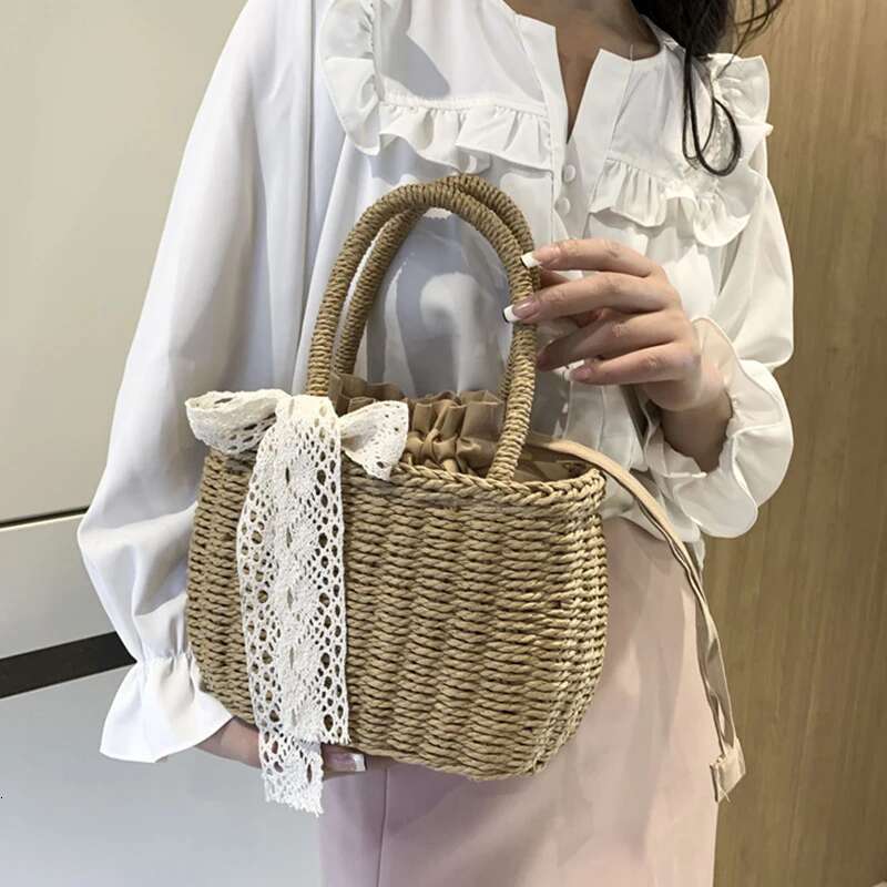 Handmade Beach Bag Women Straw Woven Drawstring Handbag Girls Solid Color Holiday Purse Crossbody Beach Bags Summer Rattan Tote Kq1