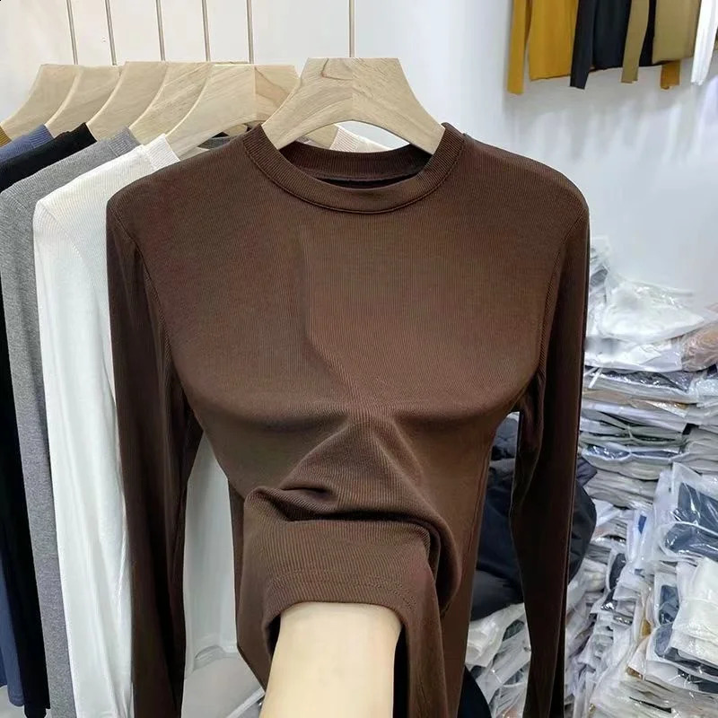 Autumn Office Womens Basic Oneck Ultra thin Tshirt Solid Color Multi color Full Match Trend Casual Top Thread Long Sleeve Elasticity 250407