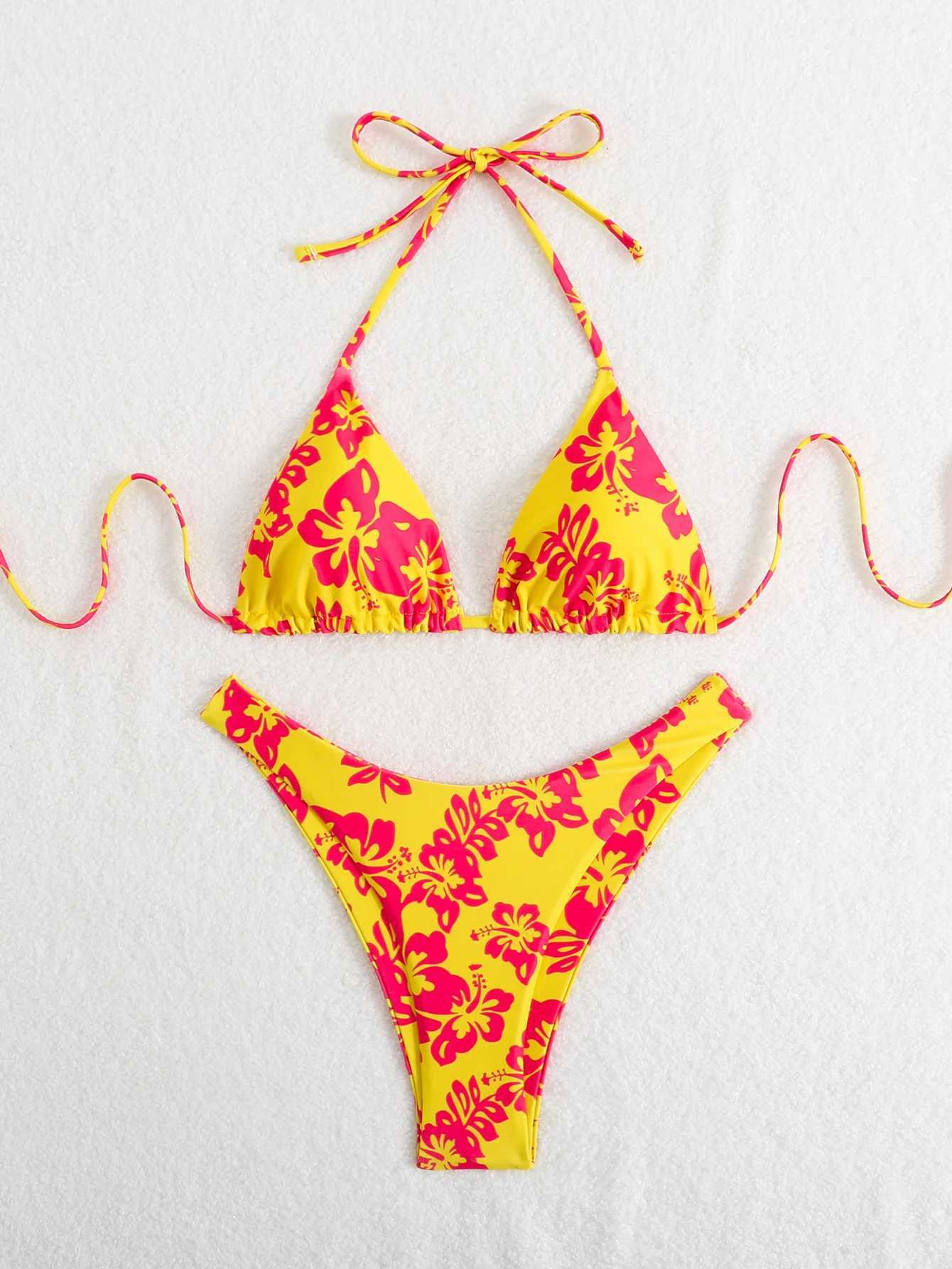 Summer retro floral print 2-piece bikini lace up swimsuit sexy high waisted womens swimsuitW251113