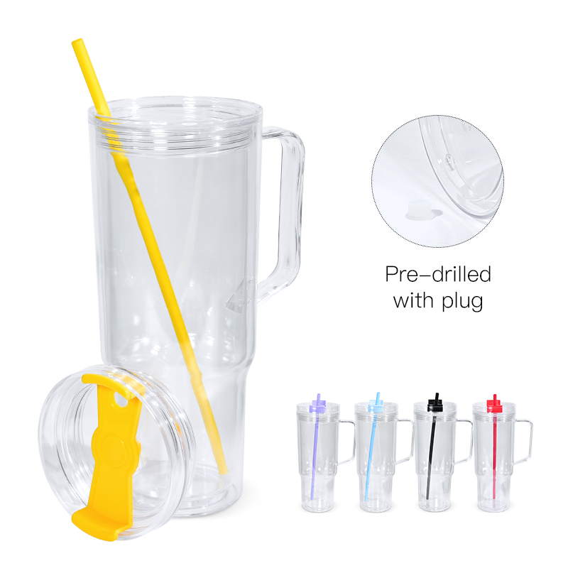 40oz pre-drilled plastic snow globe tumblers with handle colored lids pluggers big capacity drinking tumblers for DIY fill glitter A1