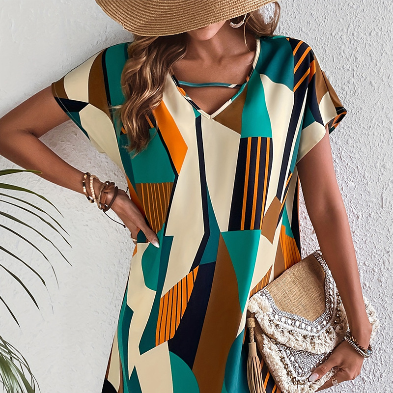 Holiday style contrasting color short sleeved dress for womens summer travel loose V-neck mid length A-line skirt