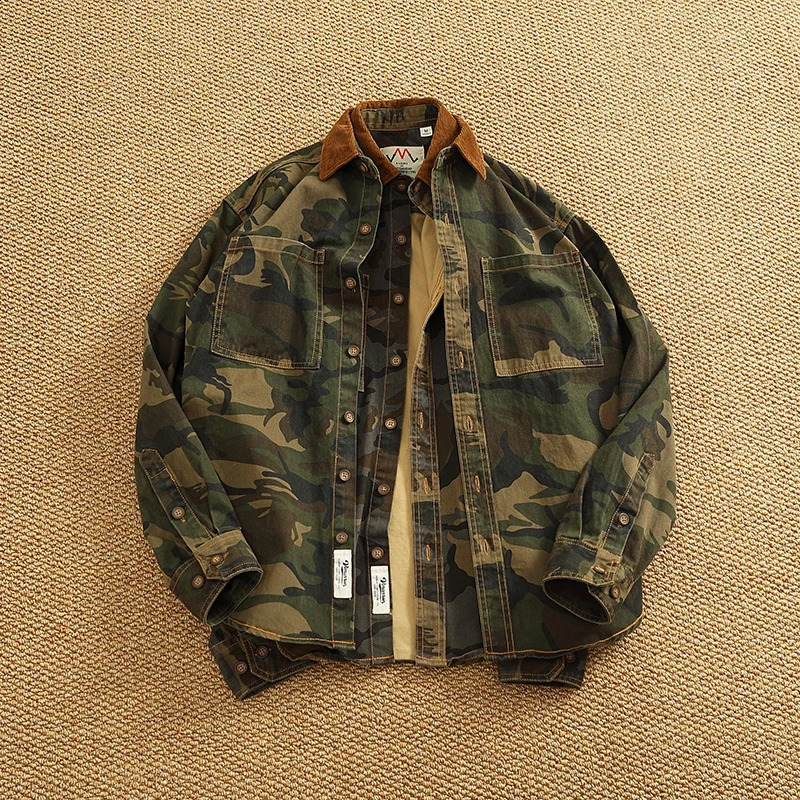 Spring 2025 American Vintage Knitted Twill Camouflage Freight Shirt Mens 100 Cotton Washed Old Double Pocket Loose Thin Jacket 250411