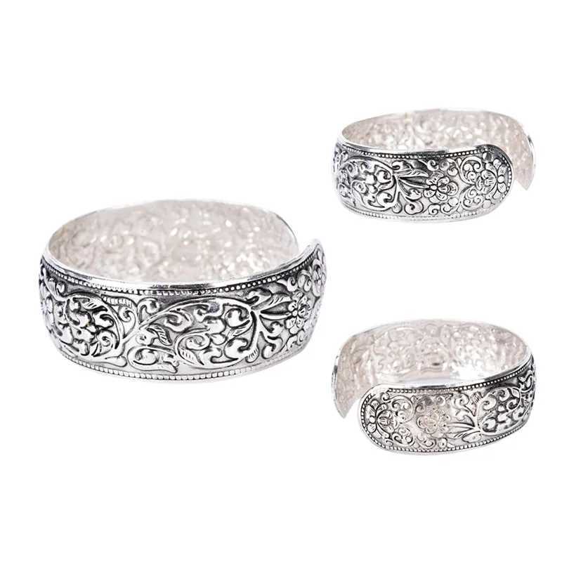 New Tibetan Silver Totem Bangle Carved Lucky Flower Bangle Cuff BraceletC250411