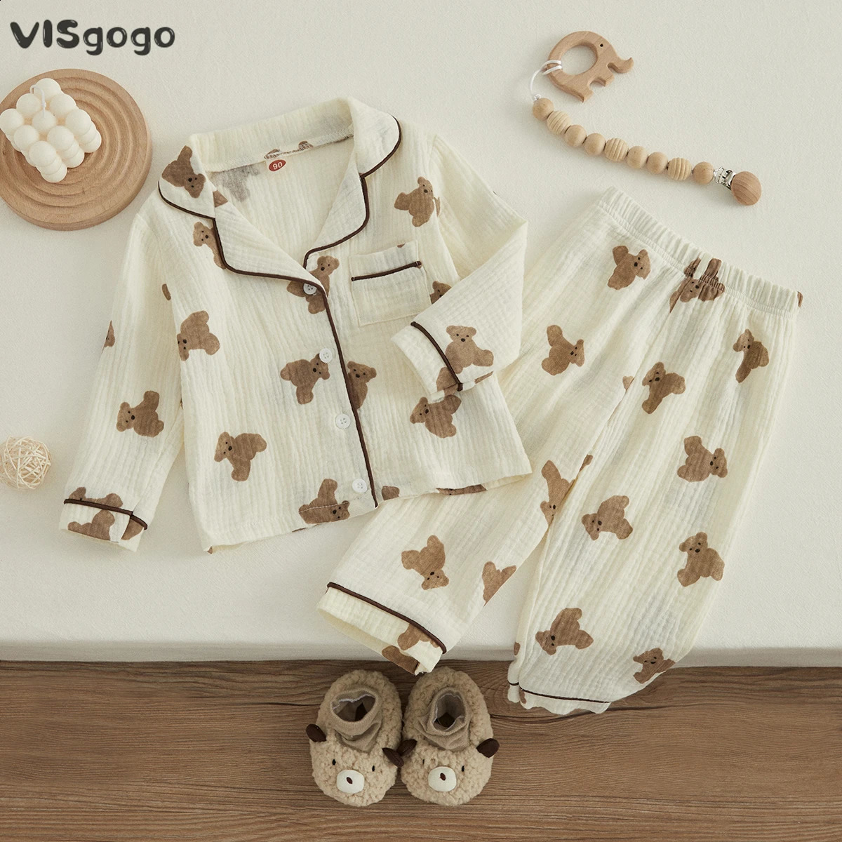 VISgogo Kids Unisex Cotton Linen Pajama Suit Bear Print Long Sleeve Front Pocket Lapel Tops Long Pants Spring Clothes Casual Set 250403