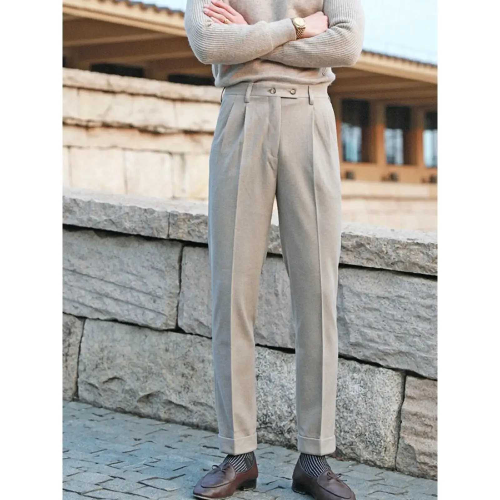 Casual high waisted straight leg wool Trouser thick British style autumn and winter new mens suit pantsXJ250412