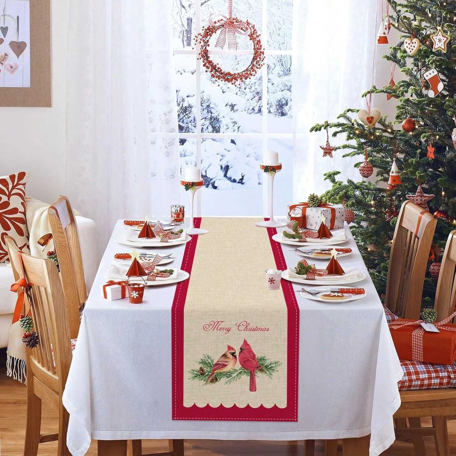 Christmas Christmas Table Runner With Red Bird On Pine Tree Winter Holiday Decor Kitchen Dining Table Decoration Home Party Table Flag Y251113