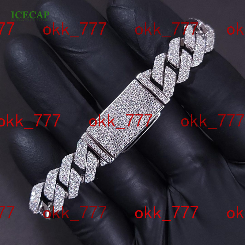 14mm 2 Rows High Quality D Color Moissanite Bracelets Pass Diamond Tester 925 Silver Hip-hop Style Cuban Bracelet