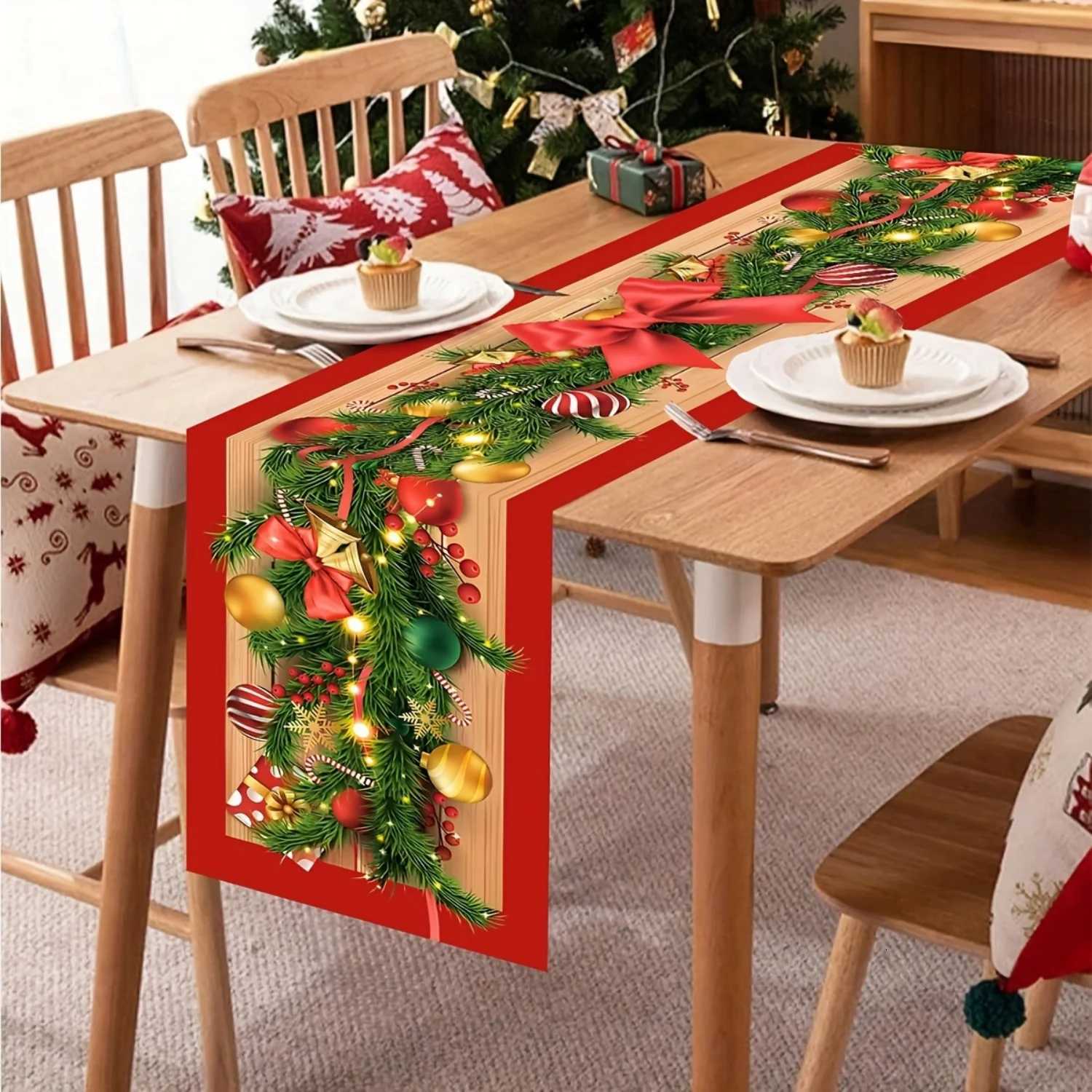 Christmas 1pc Merry Christmas Table Runner with Flower Vine Bow Design Polyester Xmas Table Flag Cover Christmas Decorations Y251113