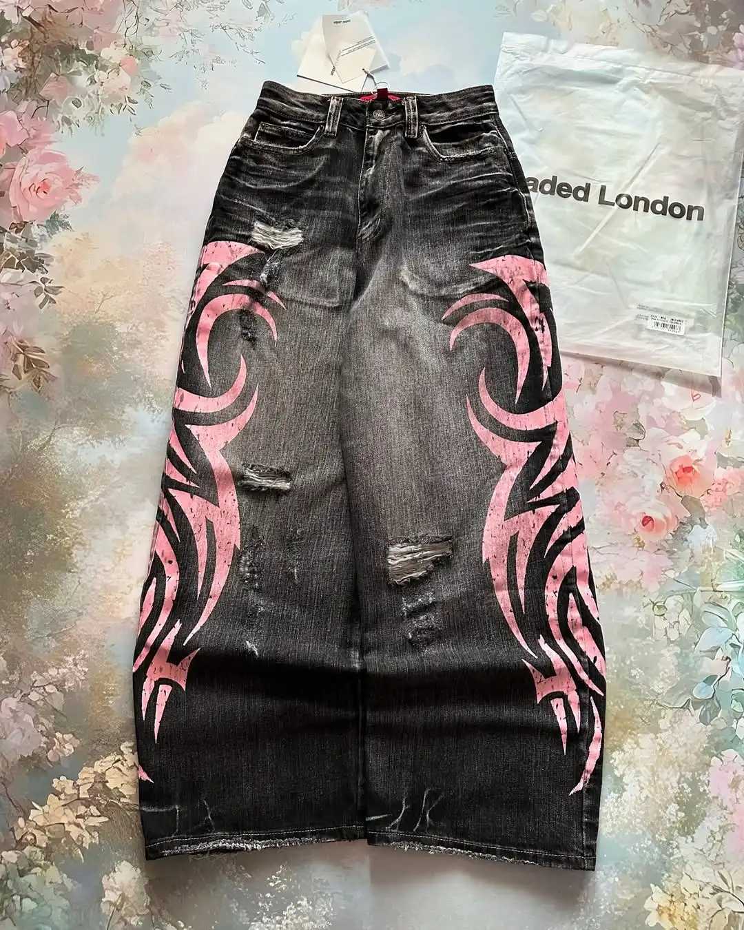 2025 New Fashion Oversized Pink Printed Hole Design Jeans Men High Street Retro Hip Hop Popular Casual High Waist Wide Leg Pants M251113