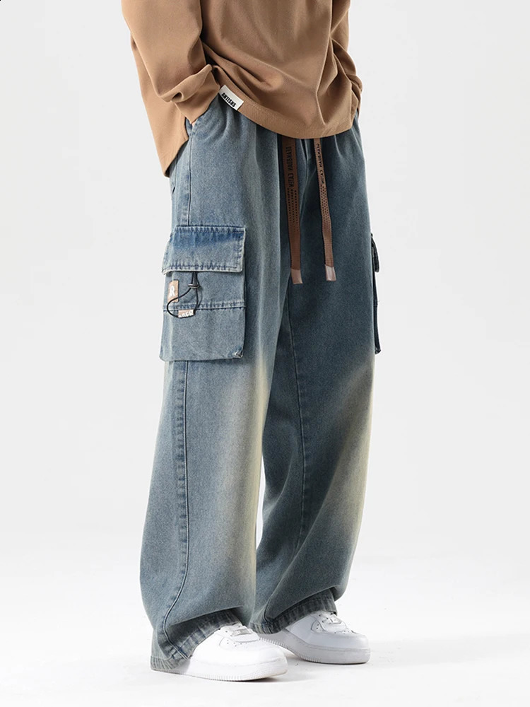2024 Autumn Mens Freight Jeans Large Size 8XL 7XL 6XL String with Cotton Wide Leg Denim Pants Straight Bag 250407