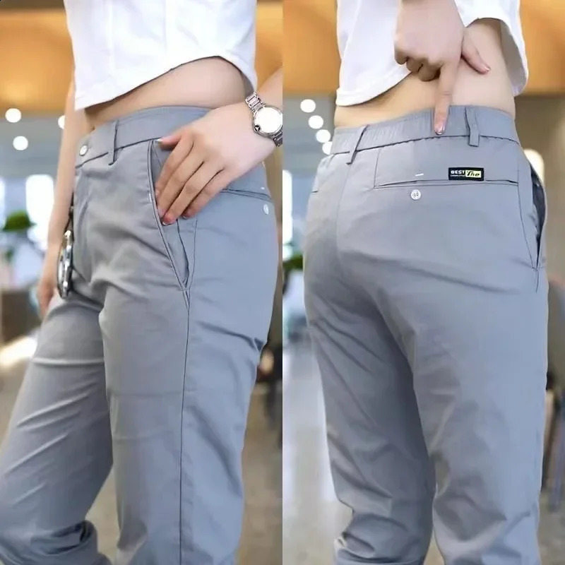 Ice Silk Mens Golf Mens Medium Casual Pants Sports Pants Simple Khaki Black Ultra Thin Straight Leg Elastic Casual Pants 250409
