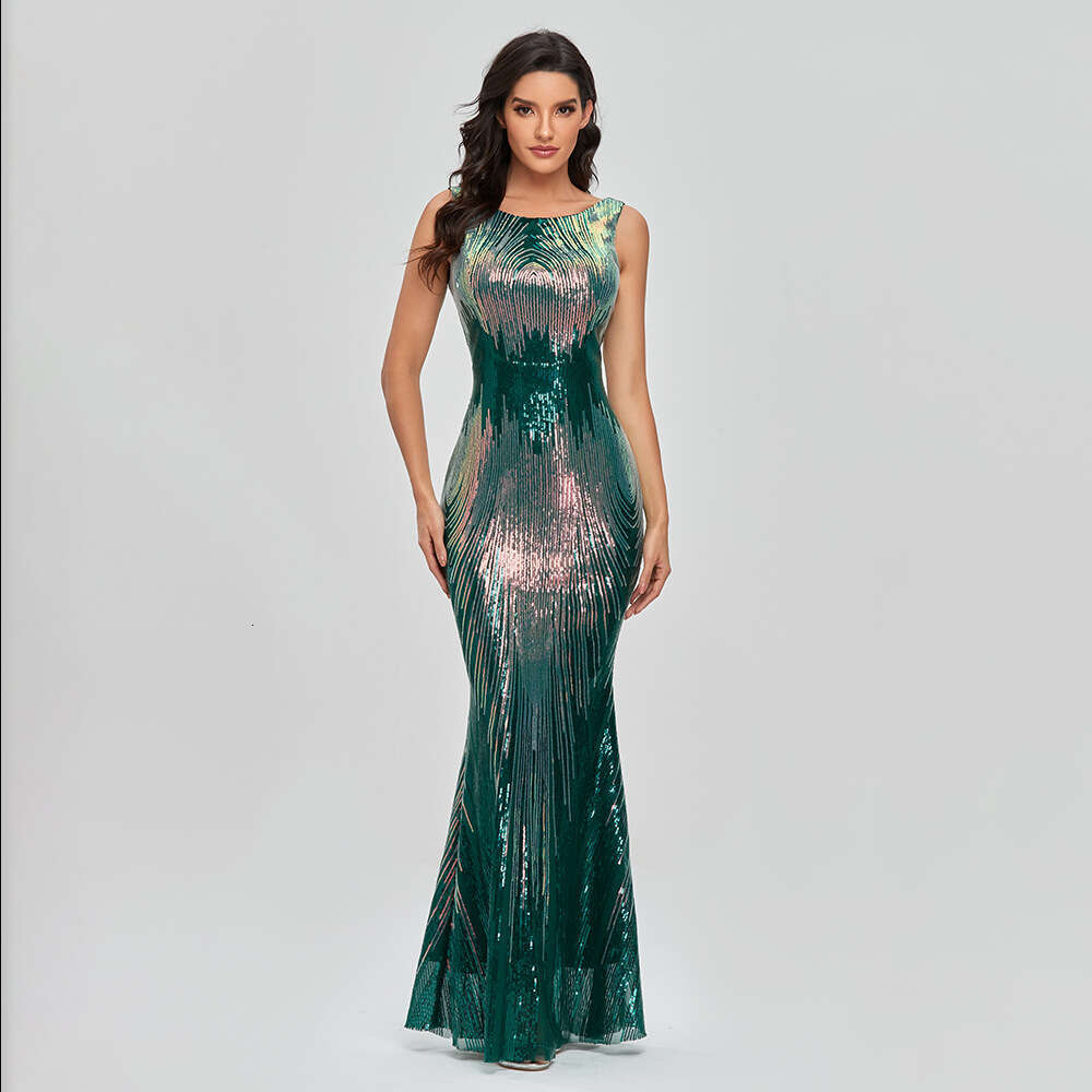 New 2025 Summer And Autumn Sexy Sequin Large Women's High Waist Round Neck Sleeveless Fishtail Party Evening Dress