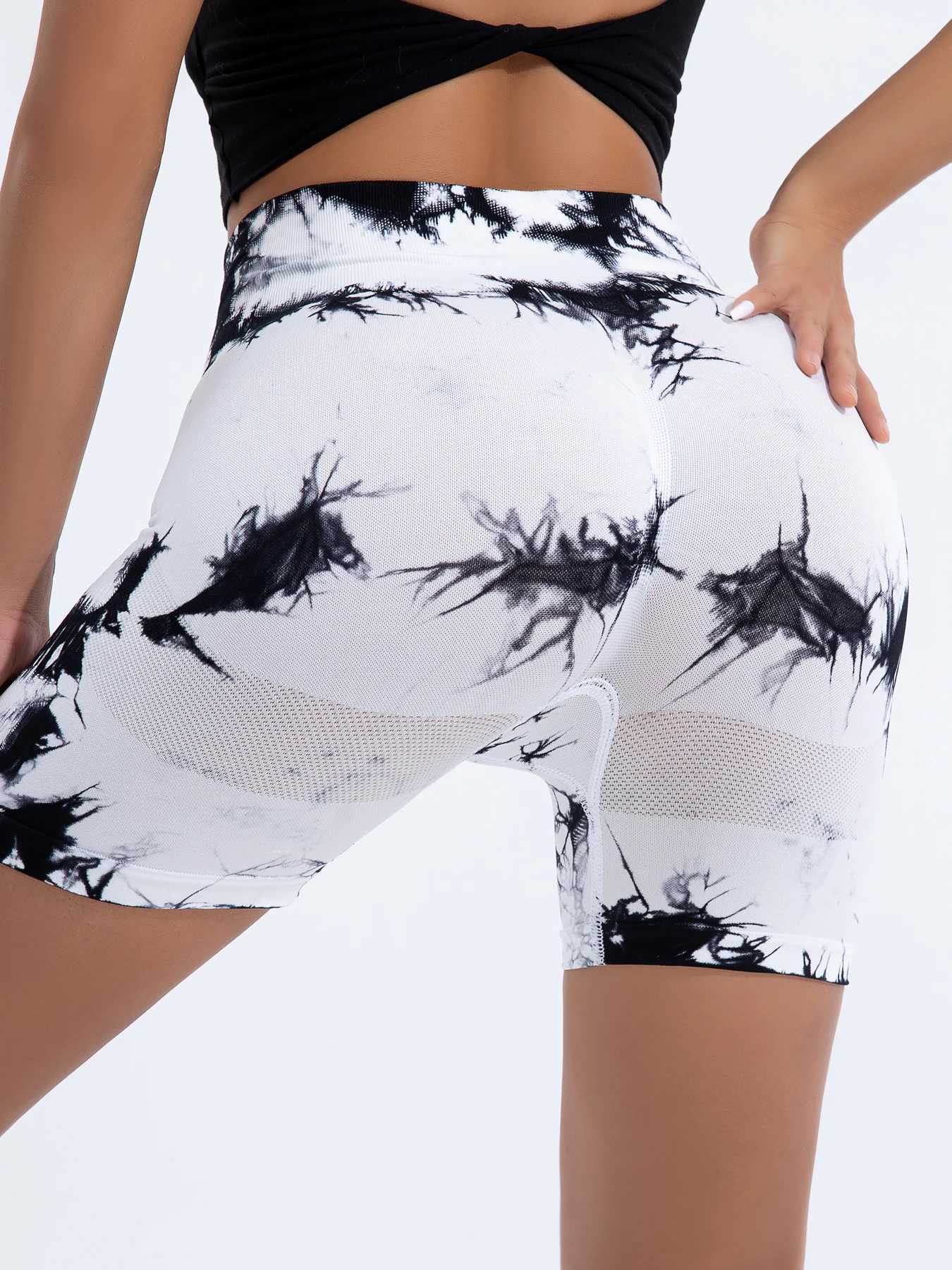Womens tie dye seamless sports short leg wide elastic band high waist sports short leg Y250412
