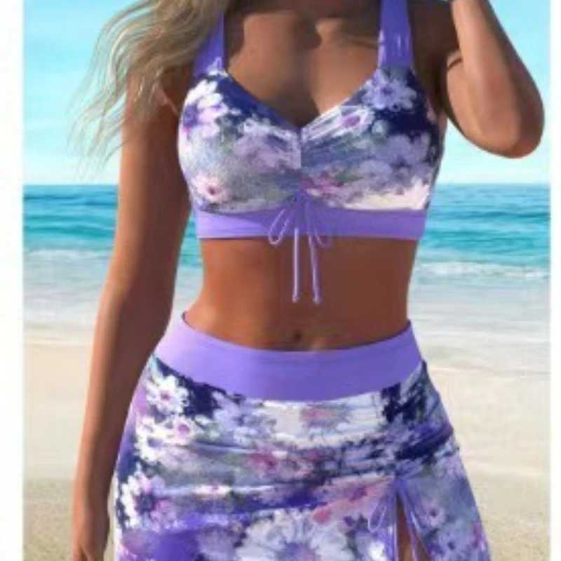 bathing suit women 2025 printed suspenders beach plus size swimsuit three-piece womens conservative shorts hot spring swimsuiW251113