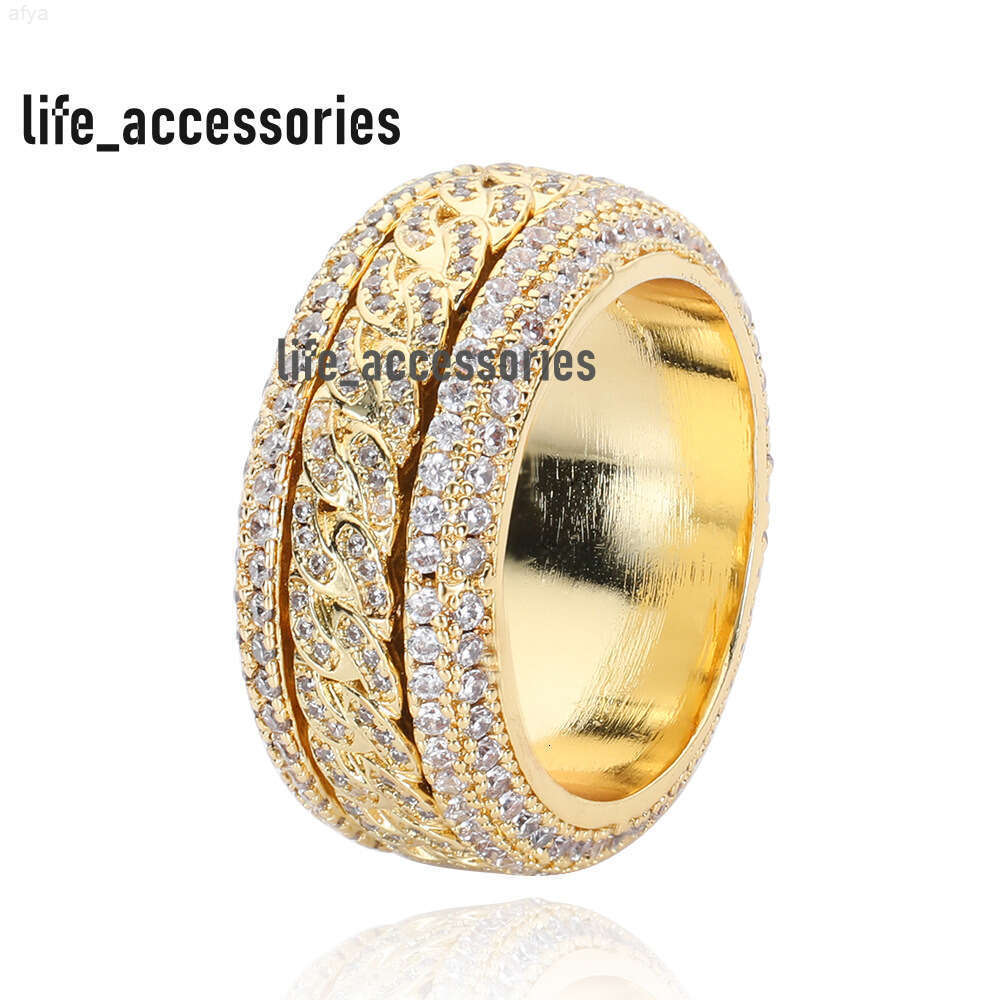 Hip Hop Men Women Gold Thick Cuban Link Zircon Diamond Sterling Silver Ring
