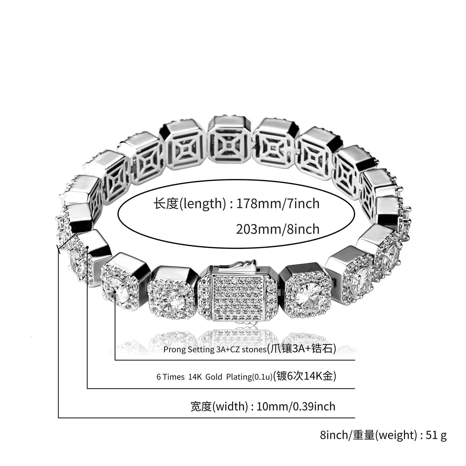 Wholesale Hip Hop Necklace 10mm Zircon Brass Cube Sugar Diamond Tennis Bracelet Necklace