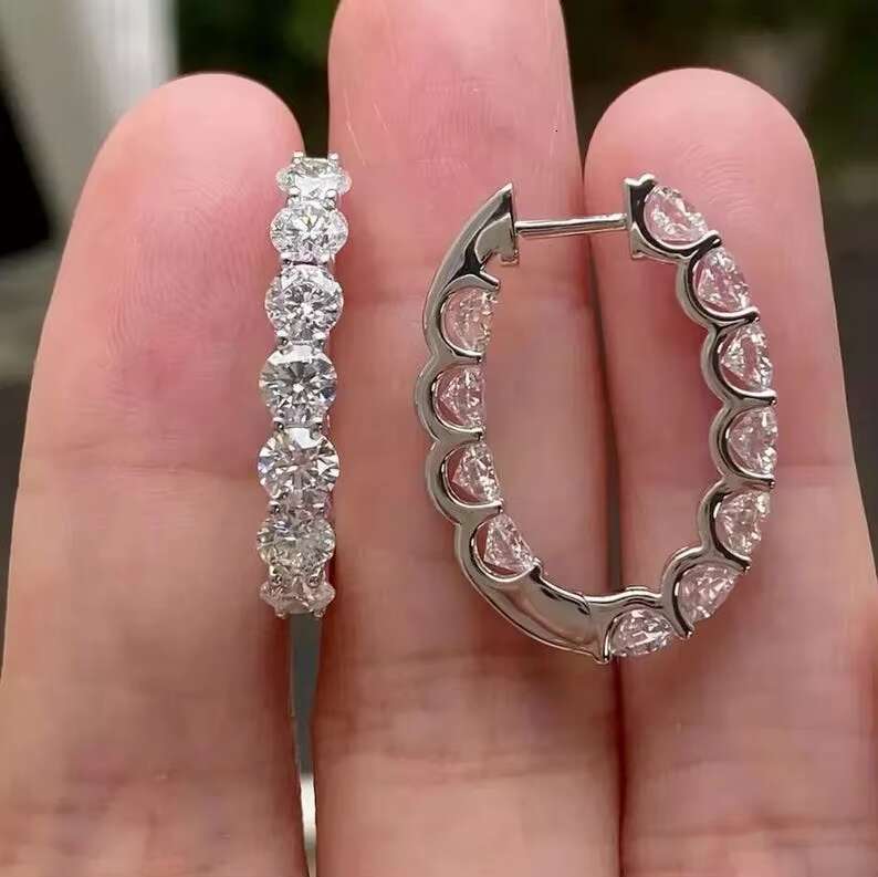 Sterling Silver S925 Round cut shared prongs Hoops Earrings Moissanite 3ctw daily wear earrings Dainty Jewelry for Women gifts