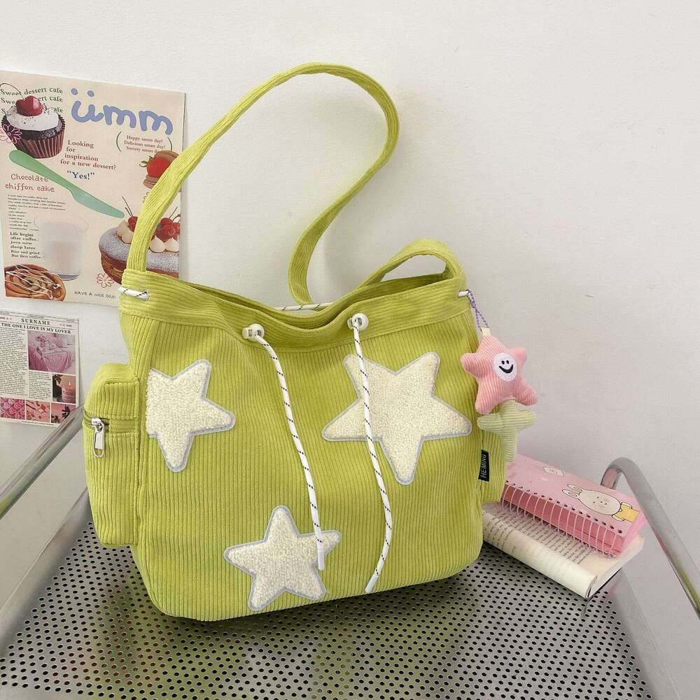 Large capacity corduroy women's single shoulder with high-end feeling, five pointed star crossbody cute student tote bag factory batch