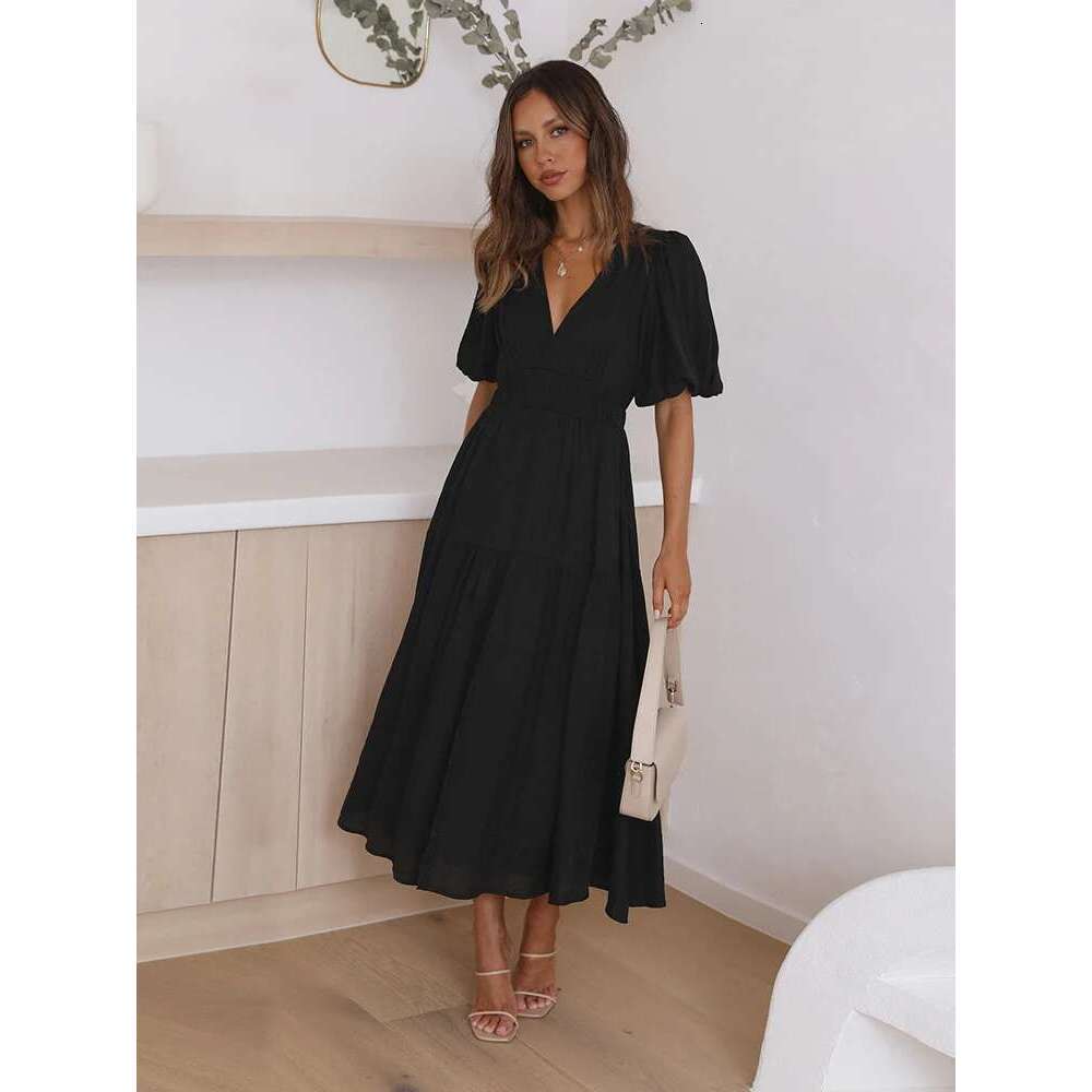 Fashion Ladies Summer Vintage Women Lantern Sleeve Ruffles Causal Dress V-Neck High Waist Sexy Party Midi Beach Dresses