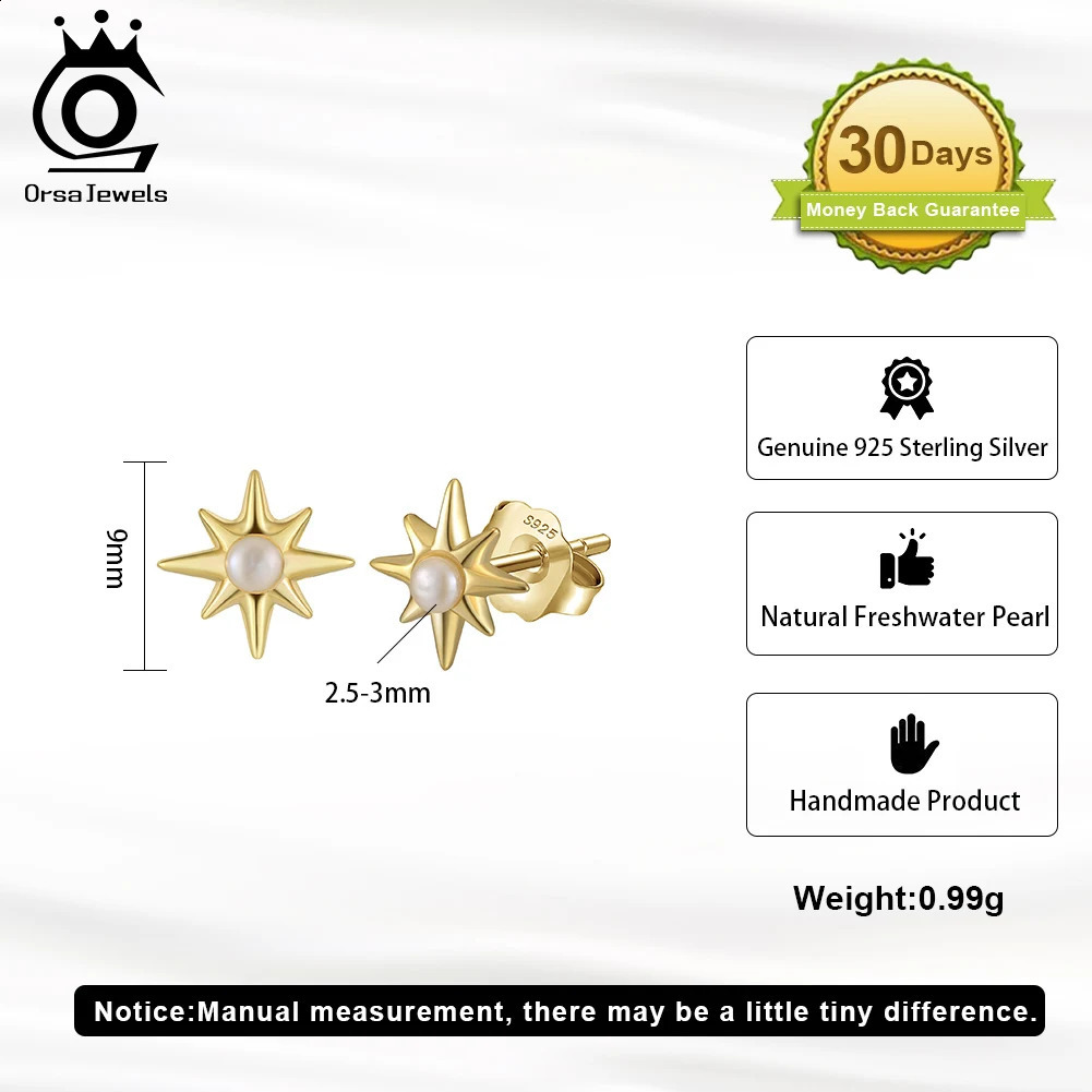 ORSA JEWELS 925 sterling silver 14K gold deluxe stud earrings 2 pieces 2.5-3mm natural freshwater round pearl star GPE113 250409