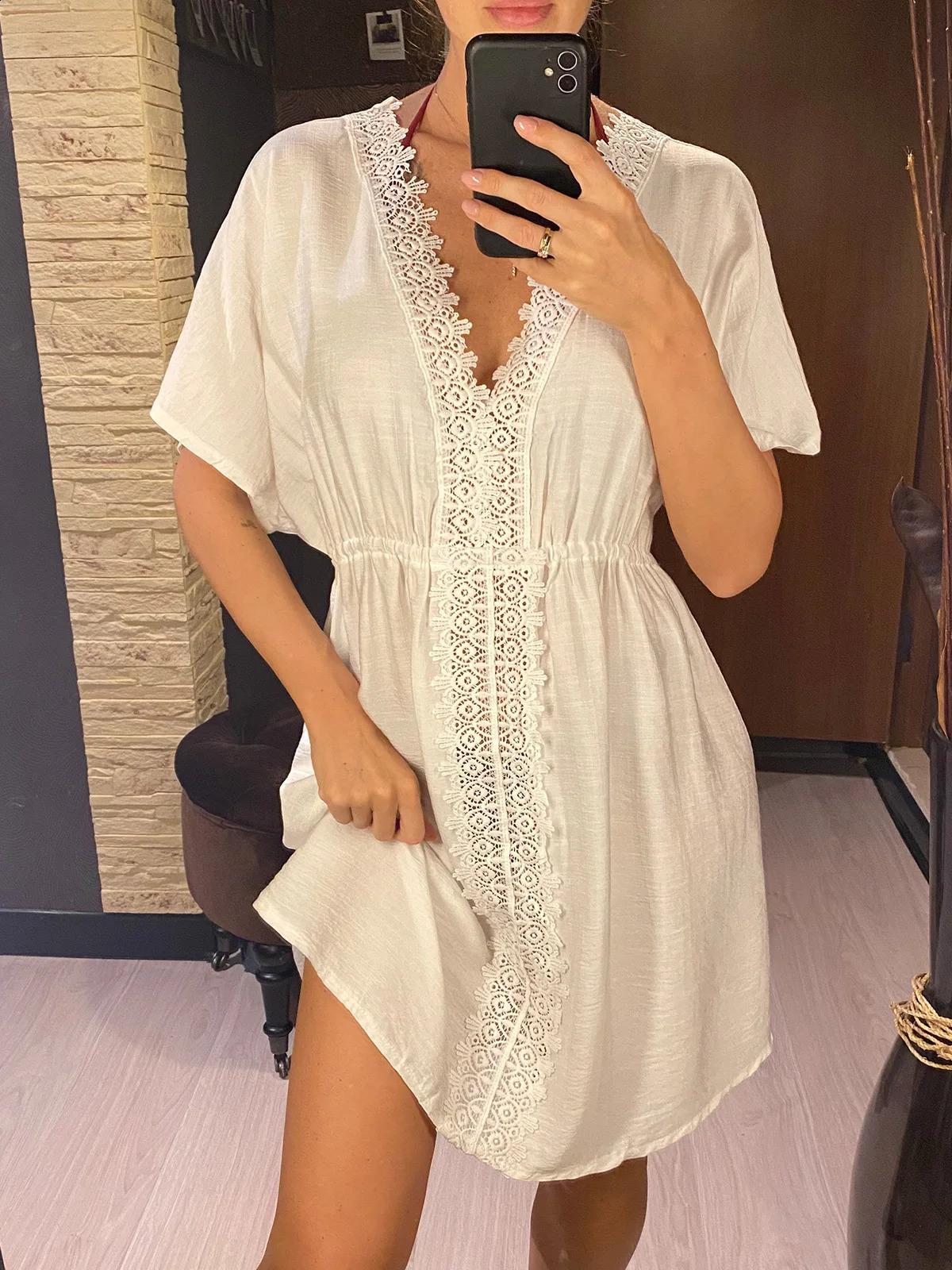 4 Colors V Neck Lace Short Sleeve Tunic Beach Cover Up Cover-ups Beach Dress Beach Wear Beachwear Female Women V5638 250409