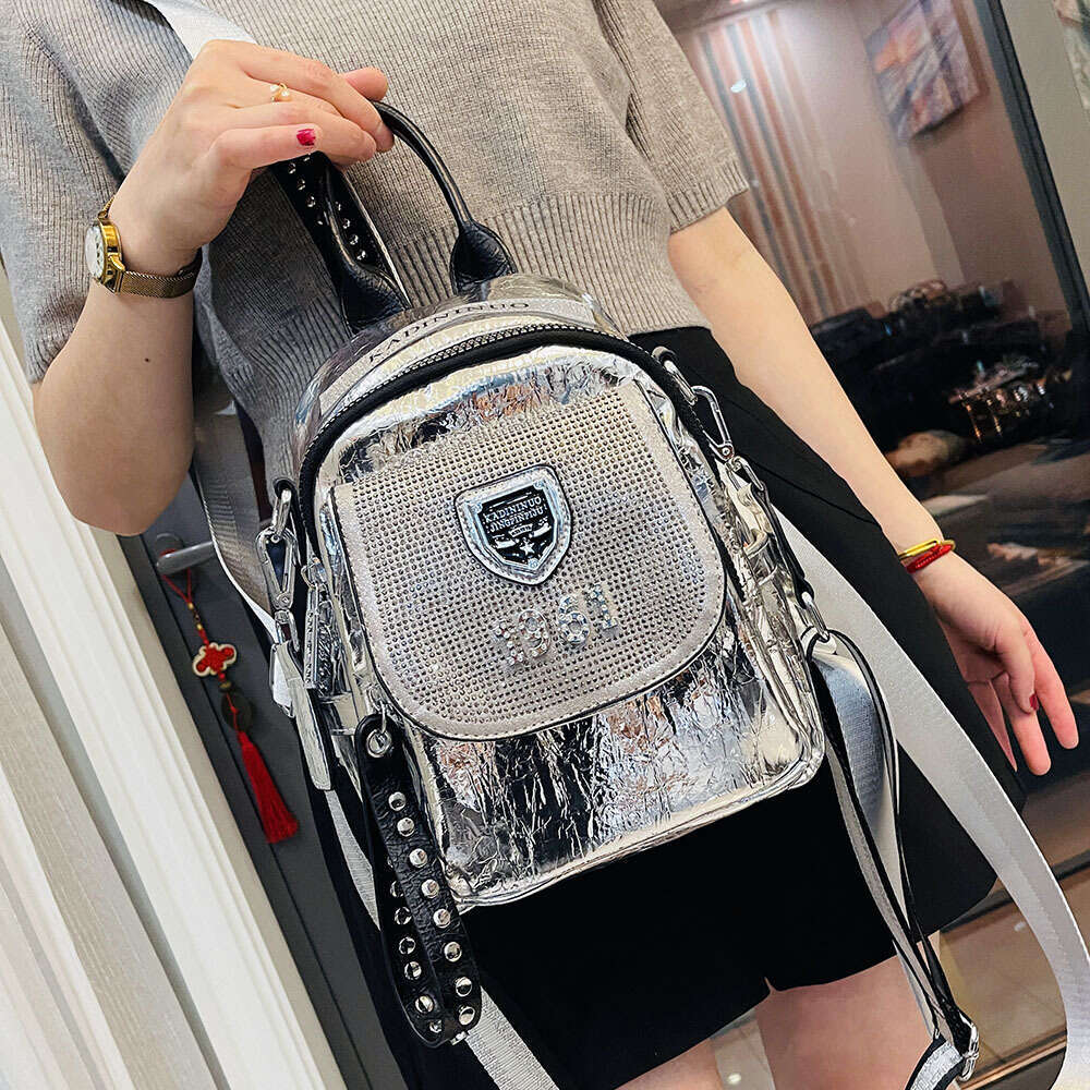 Backpack Hot Diamond Multi purpose for Women New Trendy Silver Soft Leather Leisure Travel Bag Backpack