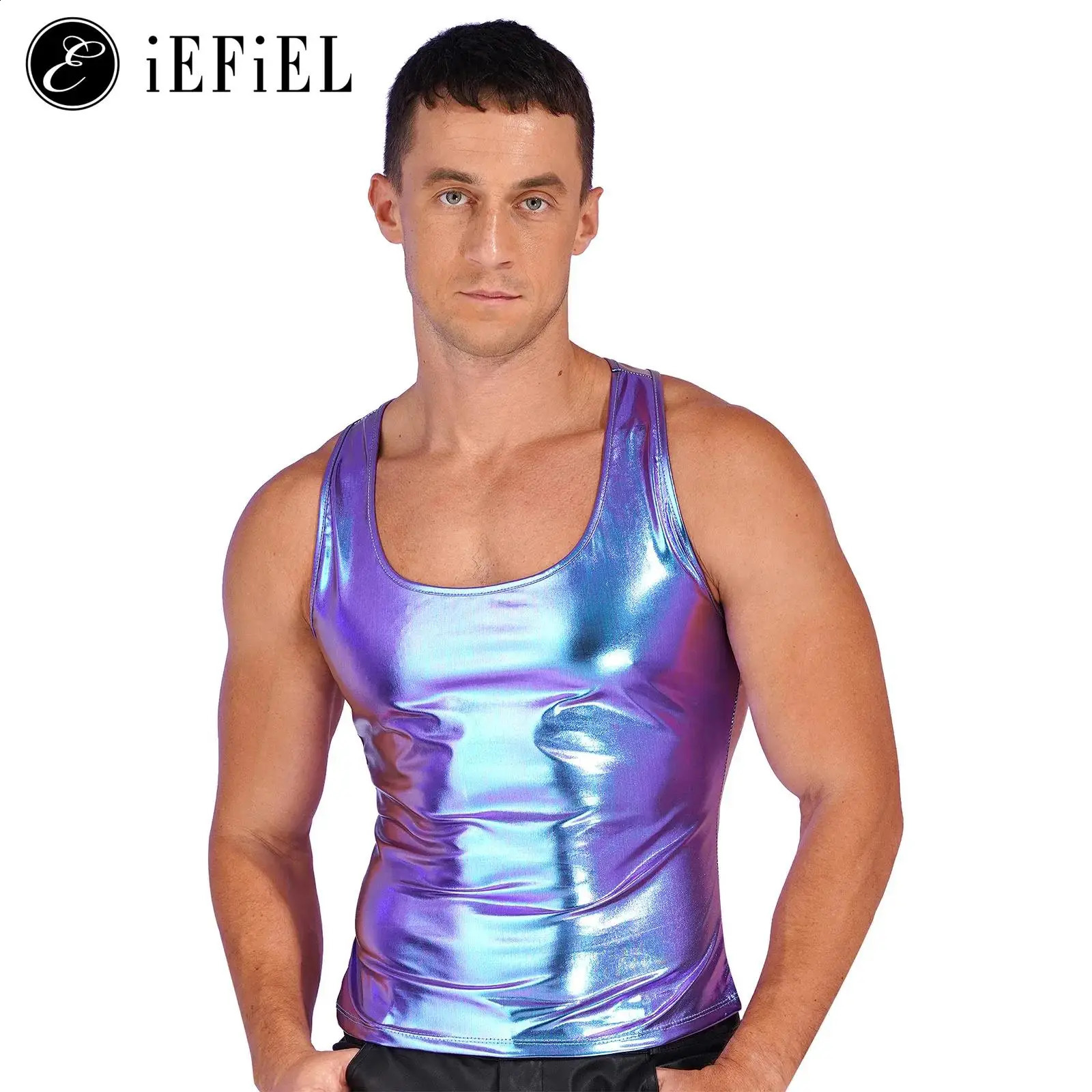 Men Metallic Tank Top Sleeveless Racer Back Dance Shirts Solid Color Slim Fit Vest Undershirt Nightclub Party Clubwear 250407