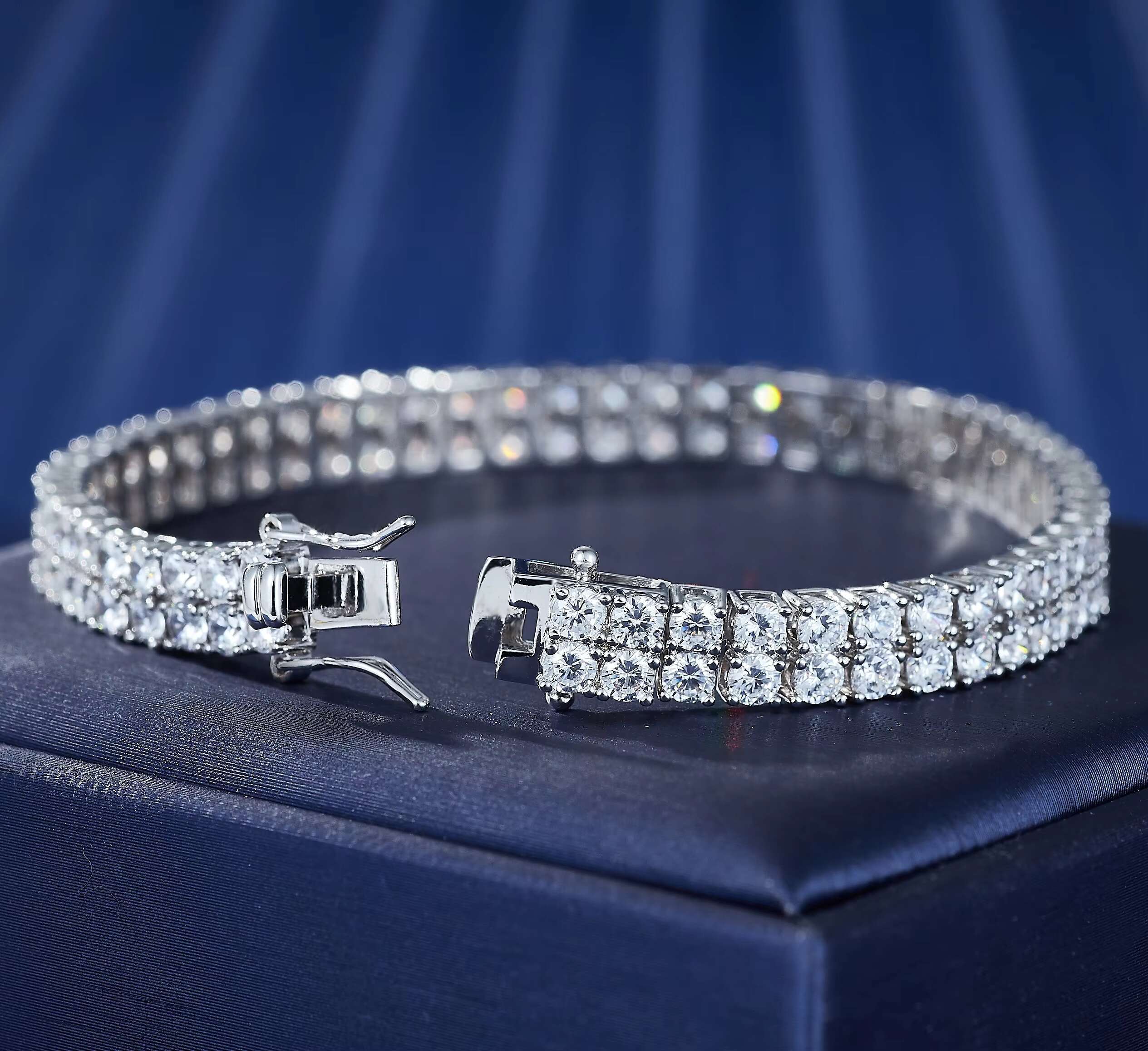 Unisex Luxury Hand Bracelet with 2 Rows 3mm 5A Moissanite Stones Silver Tennis Bracelet for Women