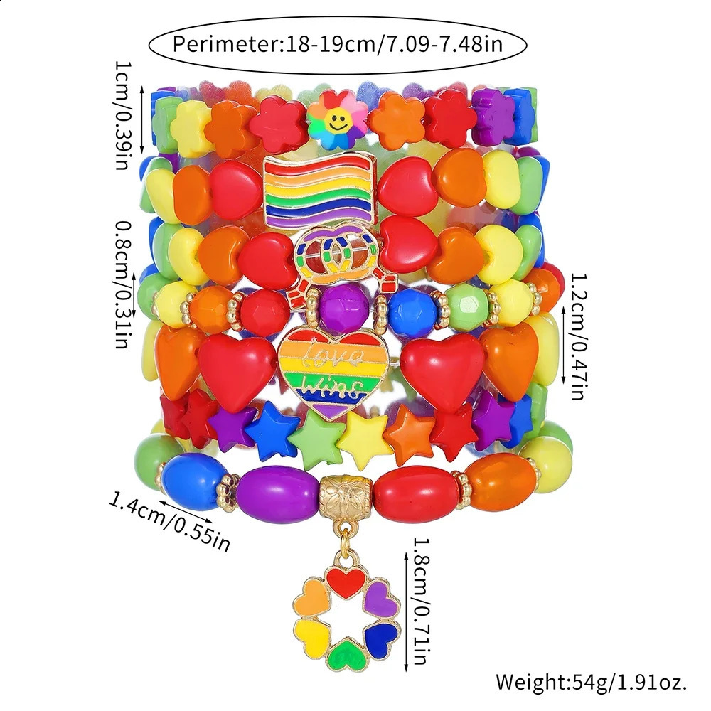 7Pc/s Simple Creative Love Five Star Rainbow Flag Color Simple Fashion Wind Elastic Bead Bracelet Set 250409