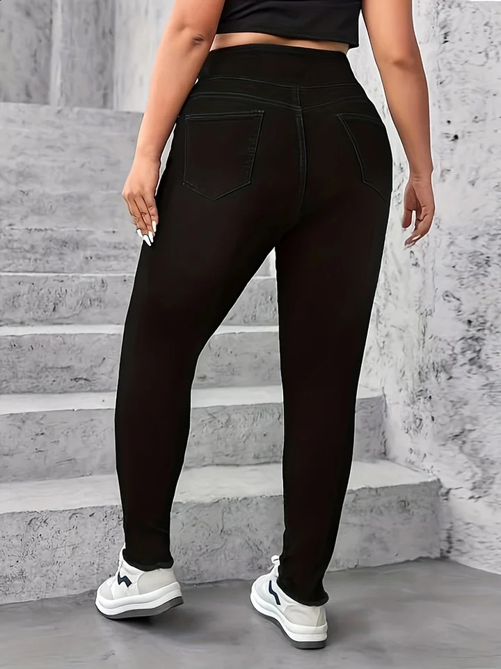 Women Plus Size Black Stretch Jeans Wide Waist Multi Button Fashion Casual Washed Denim Trousers Female Cotton Skinny Pencil Pan 250410
