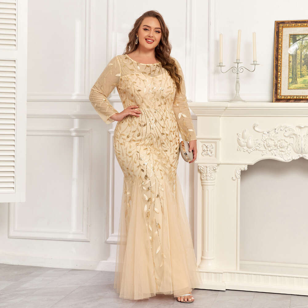 Designer Plus Size 2025 Hot Selling Sleeved Round Neck Fully Lined Back Zipper Fish Tail Long Skirt Embroidered Evening Gown