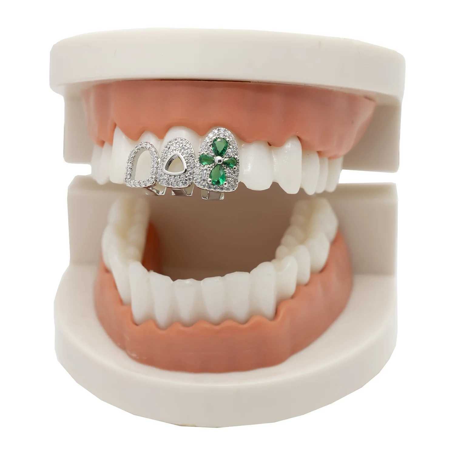 Rachelz Retro Three Hollow Full CZ Stone Tooth Hat Mens Fashion Flower Zircon Charm Tooth Grill Jewelry Role PlayXJ250412