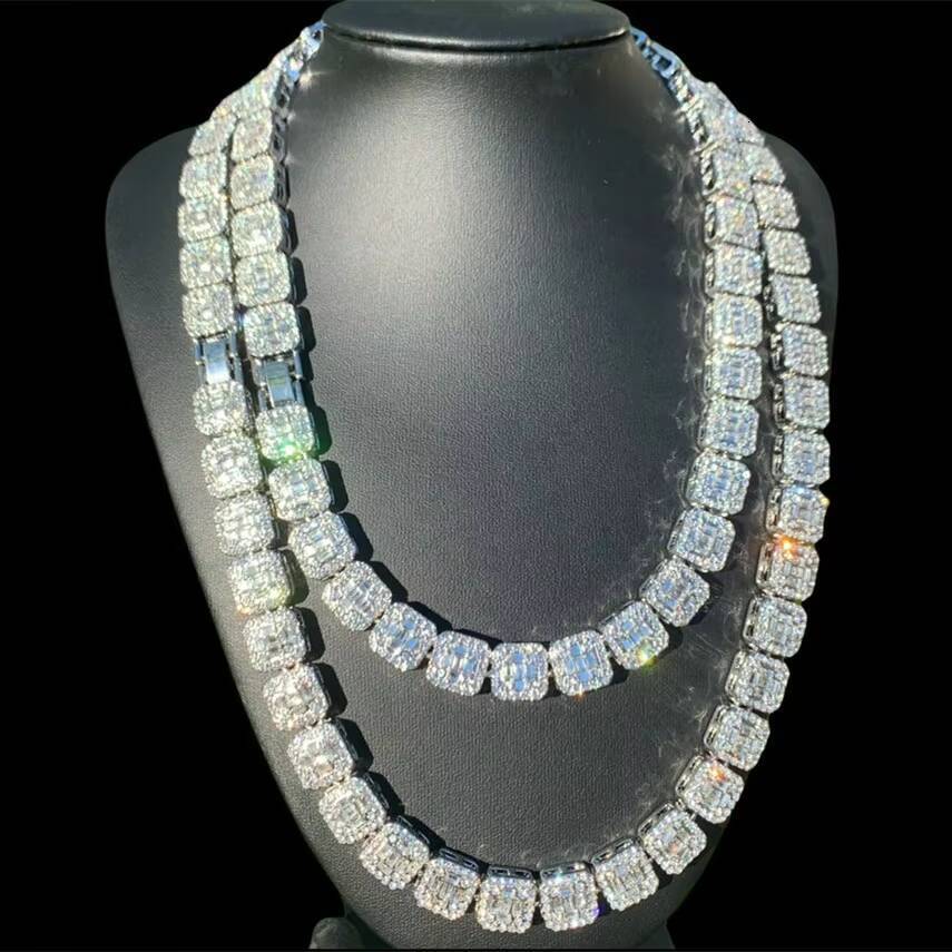 2022 New Design Iced Out Bling 925 Silver 10mm Baguette VVS Moissanite Clustered Tennis Chain