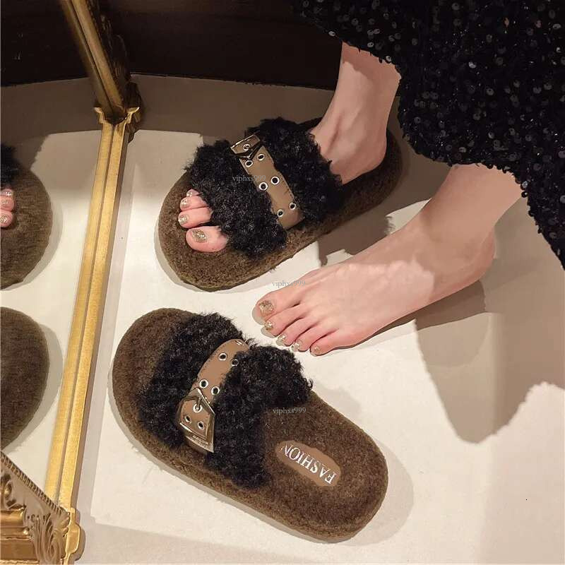 New Free Shipping Designer Shoes Premium Thick Bottom Belt Buckle Hairy For Women's Winter Outerwear 2025 Style With Skirt Teddy Plush Cotton Sli