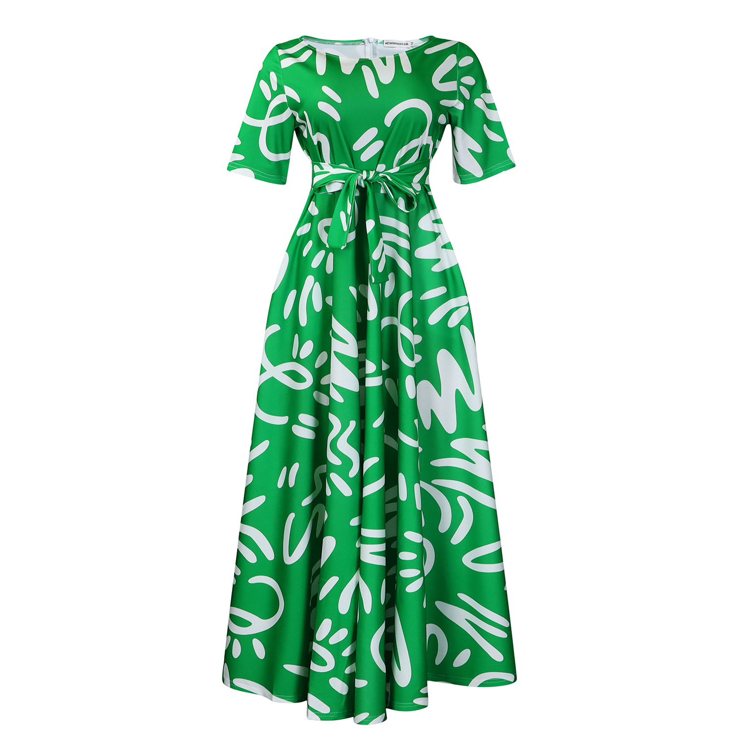 D410Chic Women's African Print Dress with Lace-Up Detail - Fashionable Short Sleeve Swing Outfit for Export