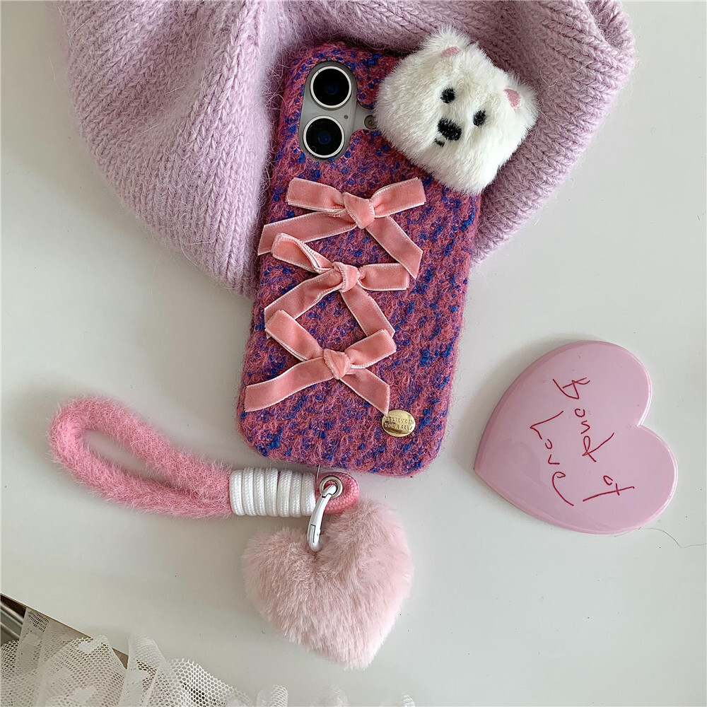 Bowknot Plush Dog Phone Case Compatible with iPhone 16/15 Pro Max Love Bracelet iPhone 14/13/12 Pro Cartoon