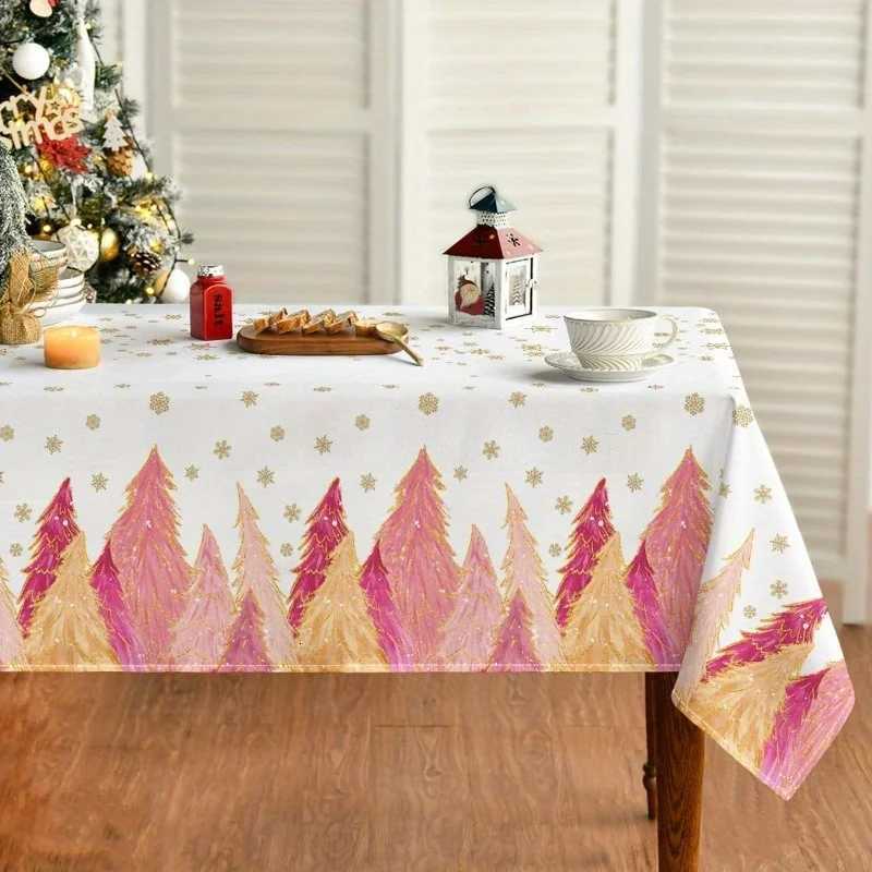 Christmas Christmas Pink Trees Golden Snowflakes Tablecloth for Table Decor Winter Xmas Kitchen Dining Table Cloth Christmas Decorations Y251113