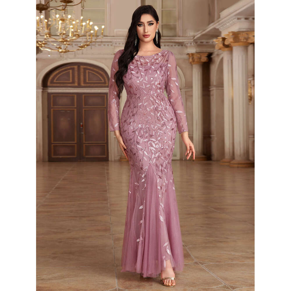Designer 2025 Hot Selling Long Sleeved Round Neck Back Zippered Fishtail Banquet Evening Dress For Women