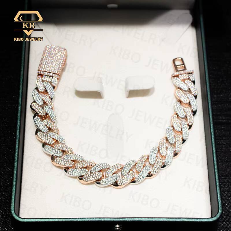 Two Tone 14K Rose Gold White Gold Plated Silver 925 Moissanite Diamond Hip Hop 14MM Cuban Bracelet Custom Moissanite Jewelry