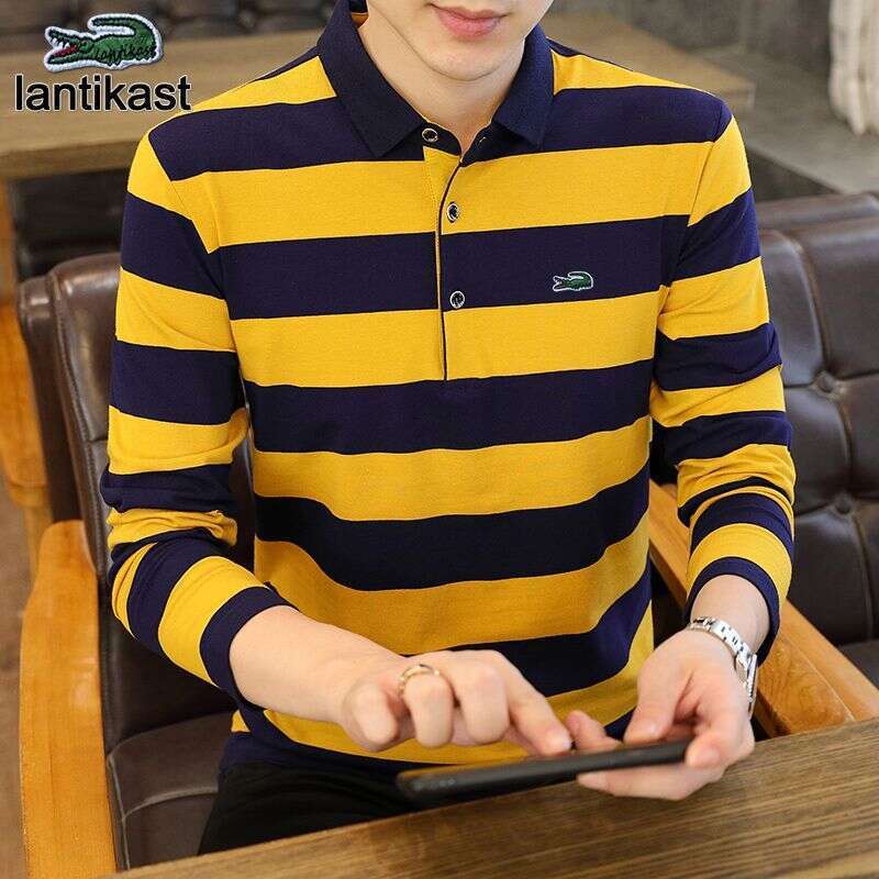 Noble Crocodile Pure Cotton designer Striped Long Sleeve T-Shirt Turn-Down Collar Men's Polo Base Middle-Aged Dad's Autumn Shirt