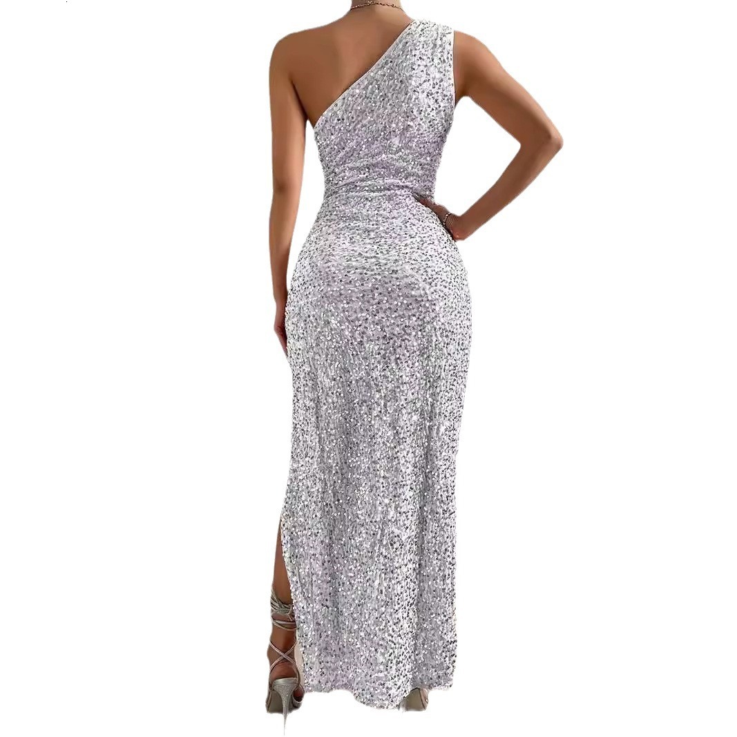 Wind New Womens Clothing 2025 Spring Fashion Sexy Sequin Single Shoulder Sleeveless Slit Solid Color Dress